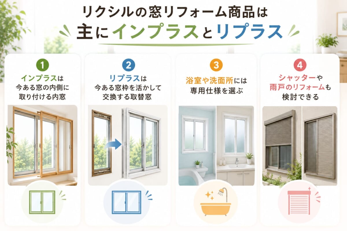 リクシルの窓リフォーム商品は主にインプラスとリプラス