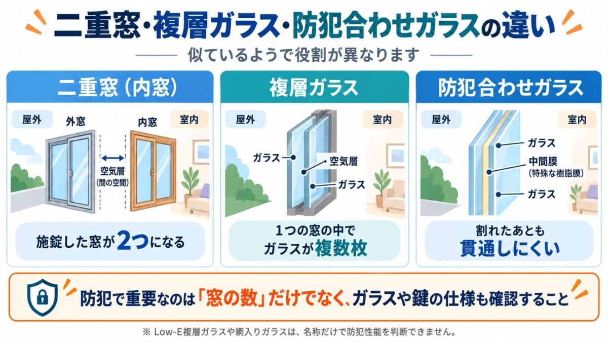 二重窓・複層ガラス・防犯合わせガラスの違い