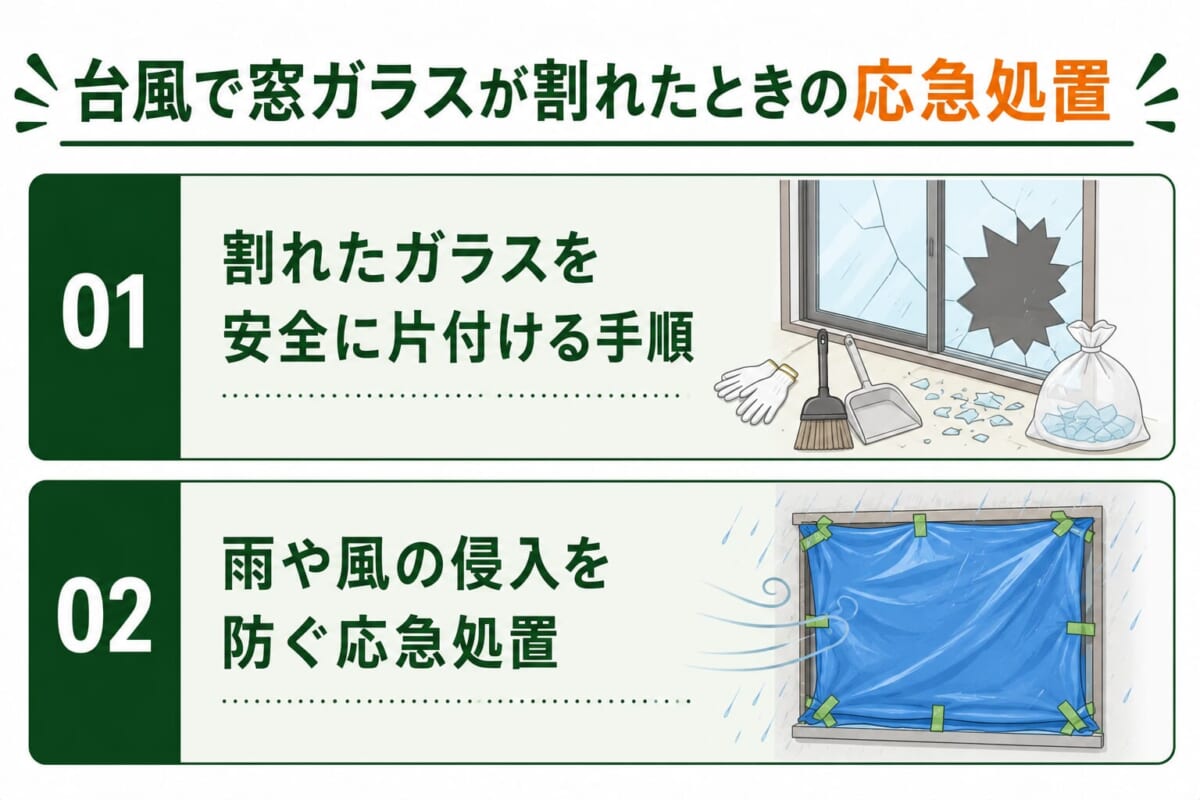 台風で窓ガラスが割れたときの応急処置