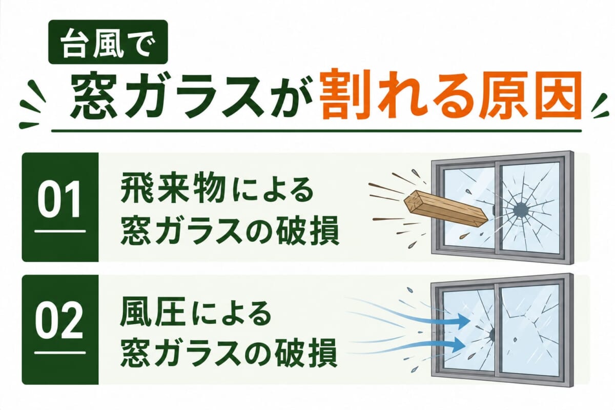 台風で窓ガラスが割れる原因